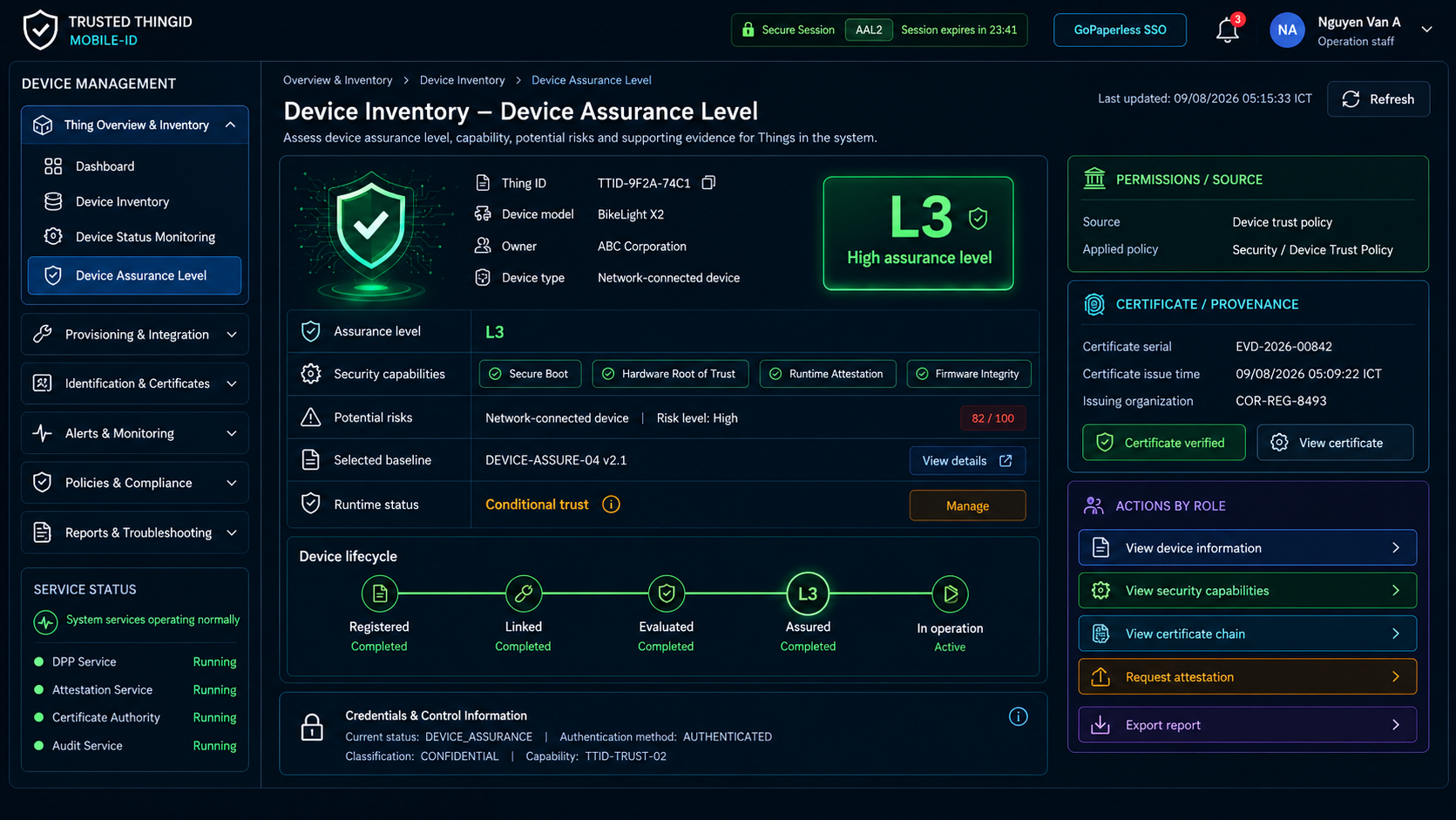 Trusted ThingID Device / Thing Operations Console: Device Inventory Device Assurance Level