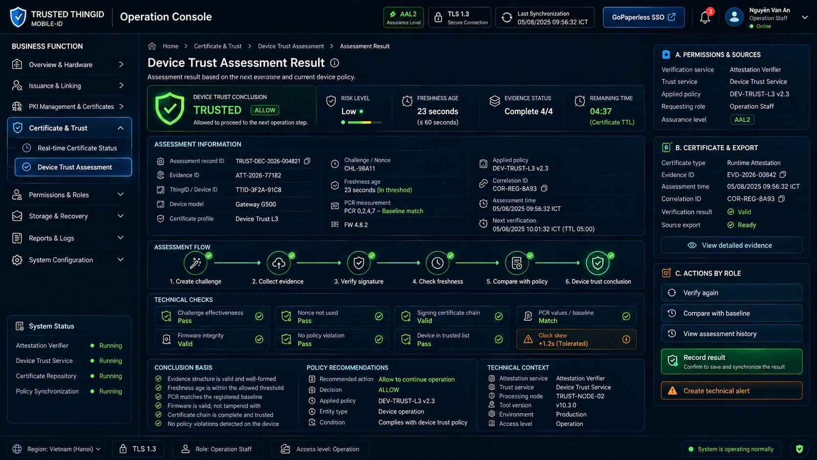Trusted ThingID Device / Thing Operations Console: Runtime Attestation Trust Result