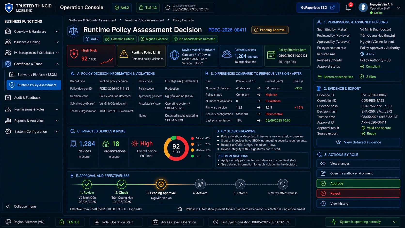 Trusted ThingID Device / Thing Operations Console: Enforcement Policy Decision