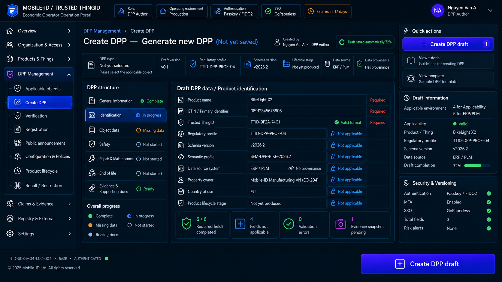 Economic Operator Portal product reference interface