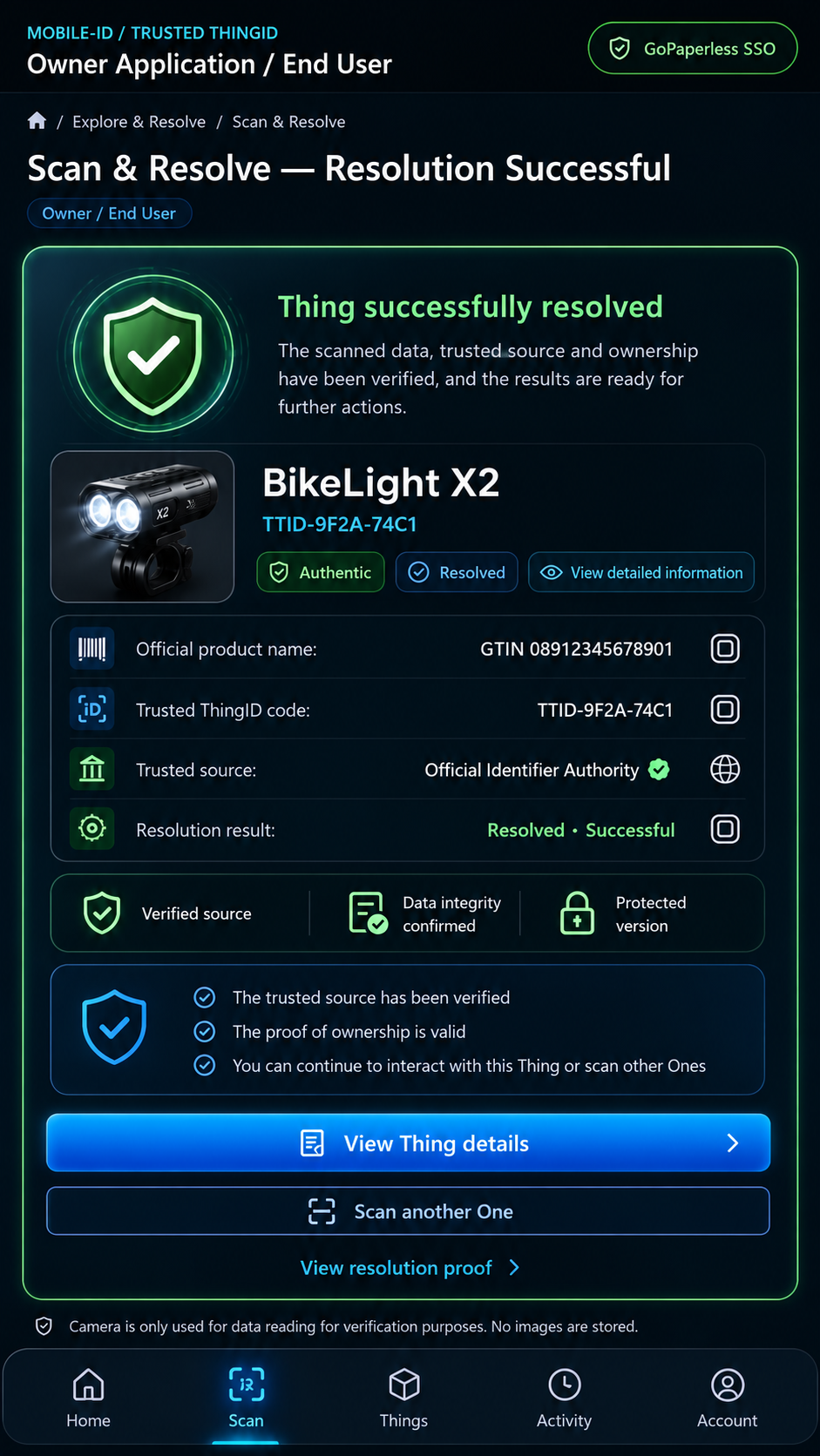 Trusted ThingID Consumer / Owner App: Scan and Resolve Resolve Success