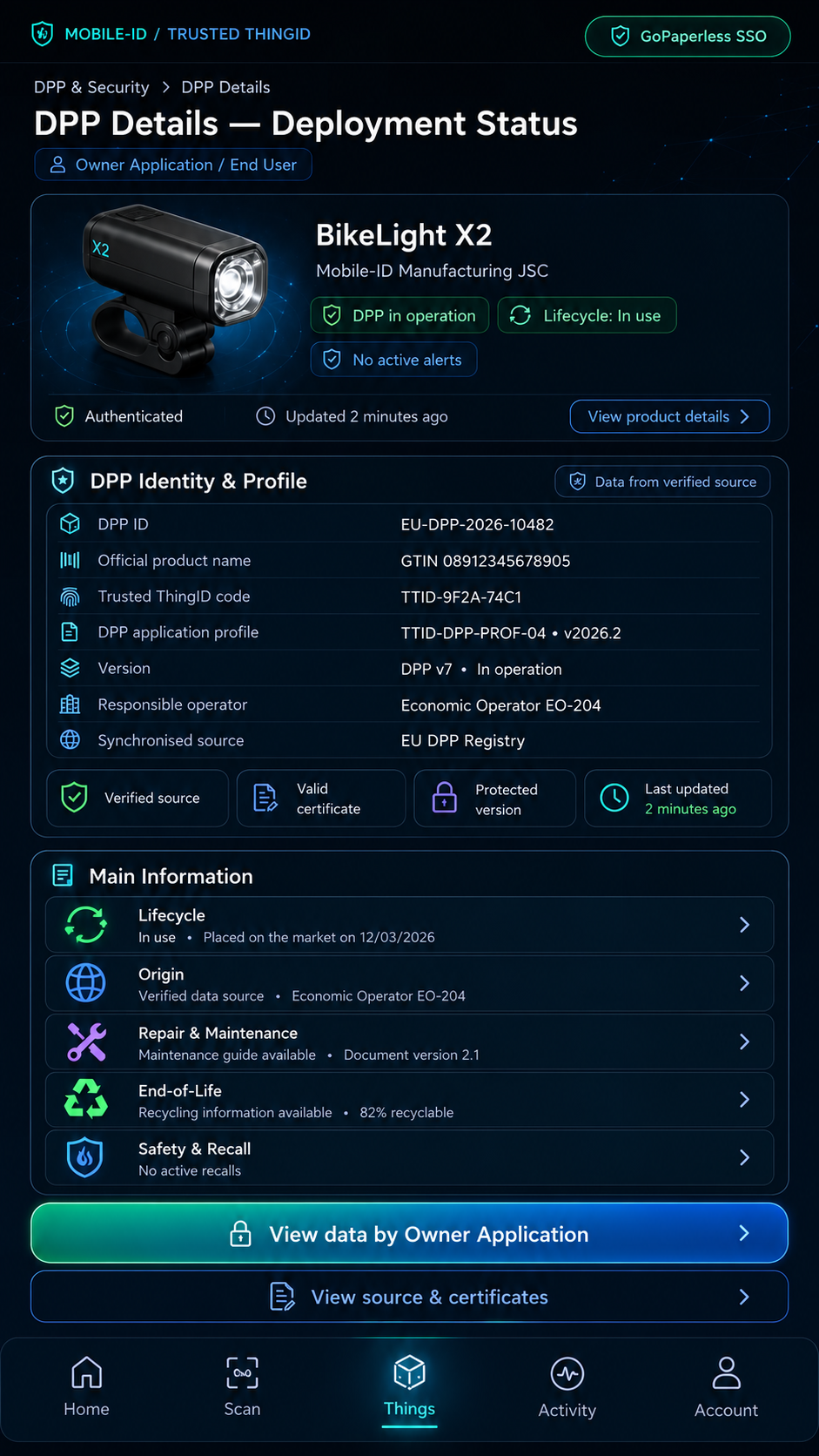 Trusted ThingID Consumer / Owner App: DPP Detail Public View