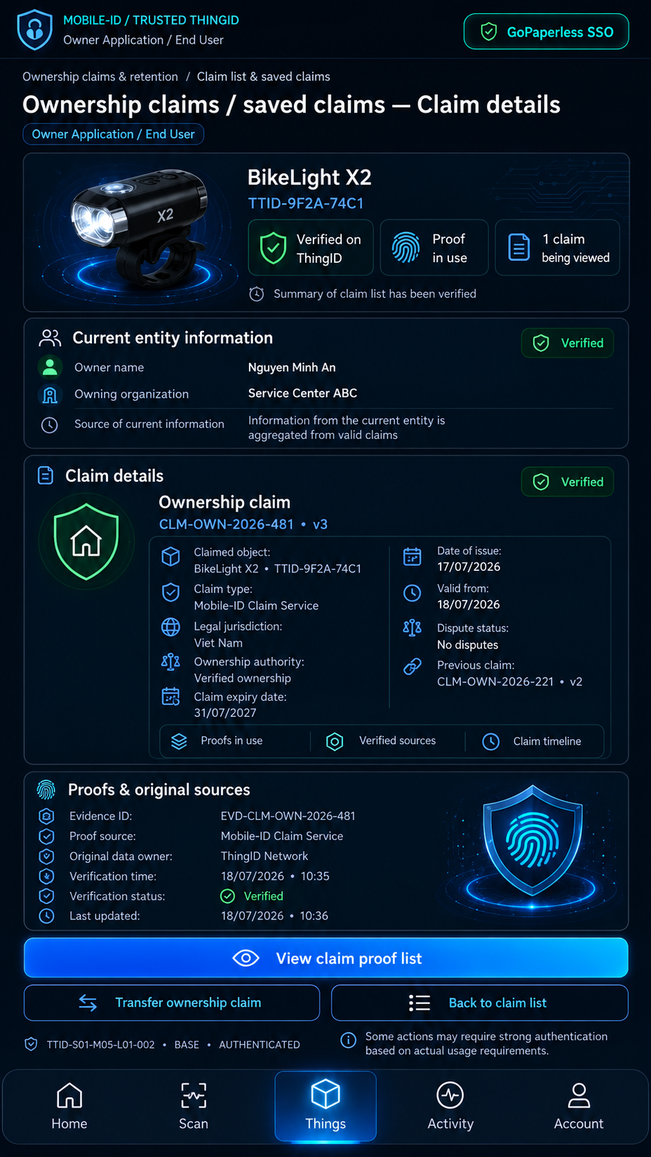 Trusted ThingID Consumer / Owner App: Ownership Custody Claims Claim Detail