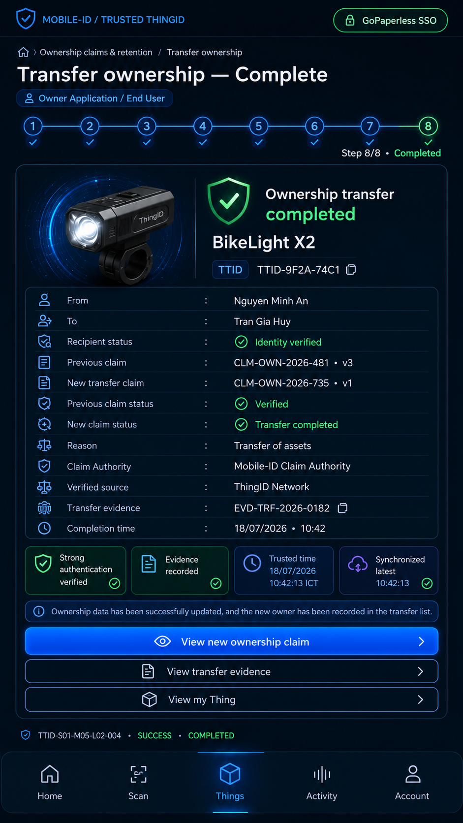 Trusted ThingID Consumer / Owner App: Transfer Success