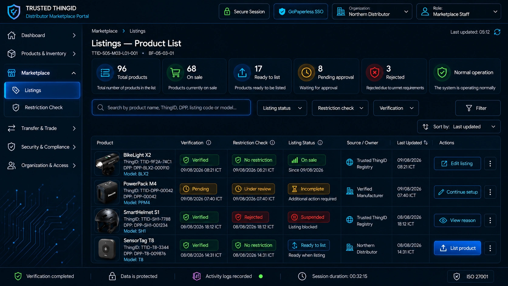 Trusted ThingID Distributor / Marketplace Portal: Listing List