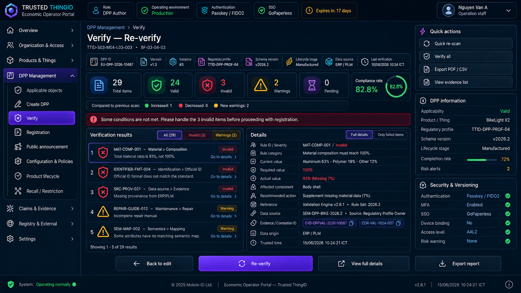 Trusted ThingID Economic Operator Portal: Validation Validation Success