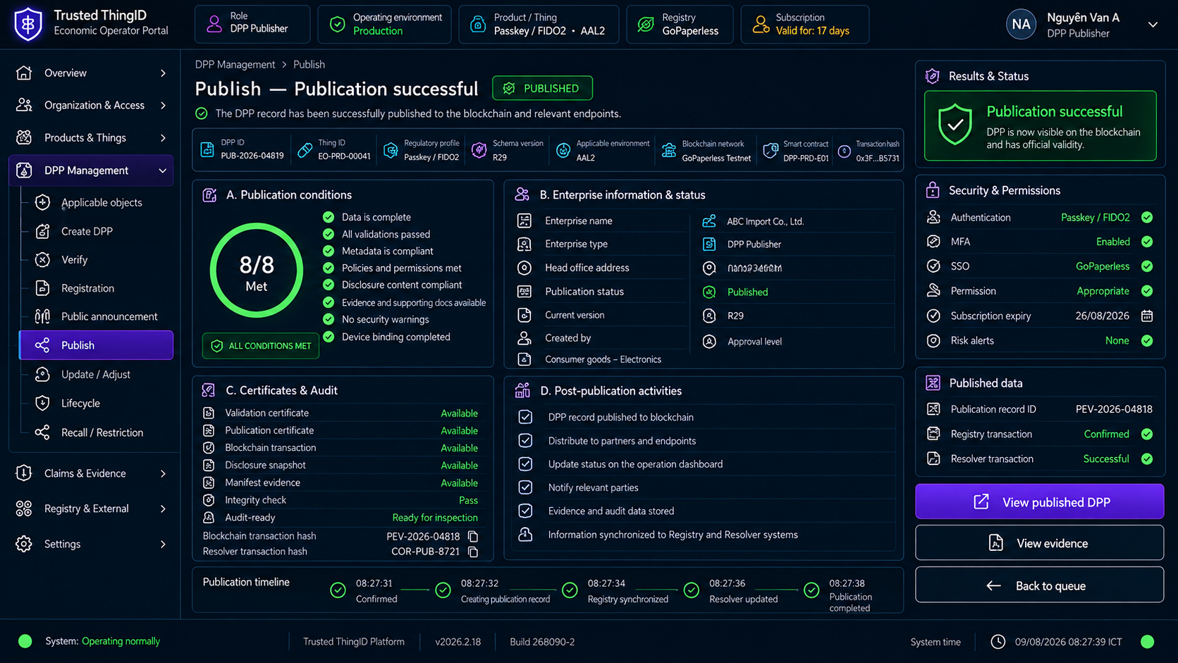 Trusted ThingID Economic Operator Portal: Publication Success