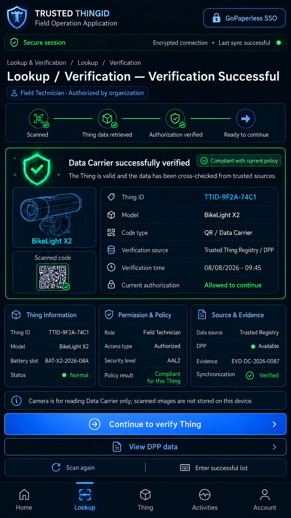 Trusted ThingID Field Operations App: Scan and Resolve Resolve Success
