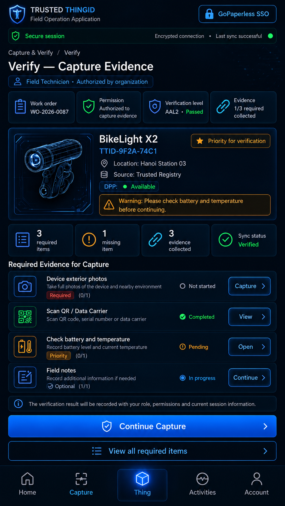 Trusted ThingID Field Operations App: Inspection Capture Evidence