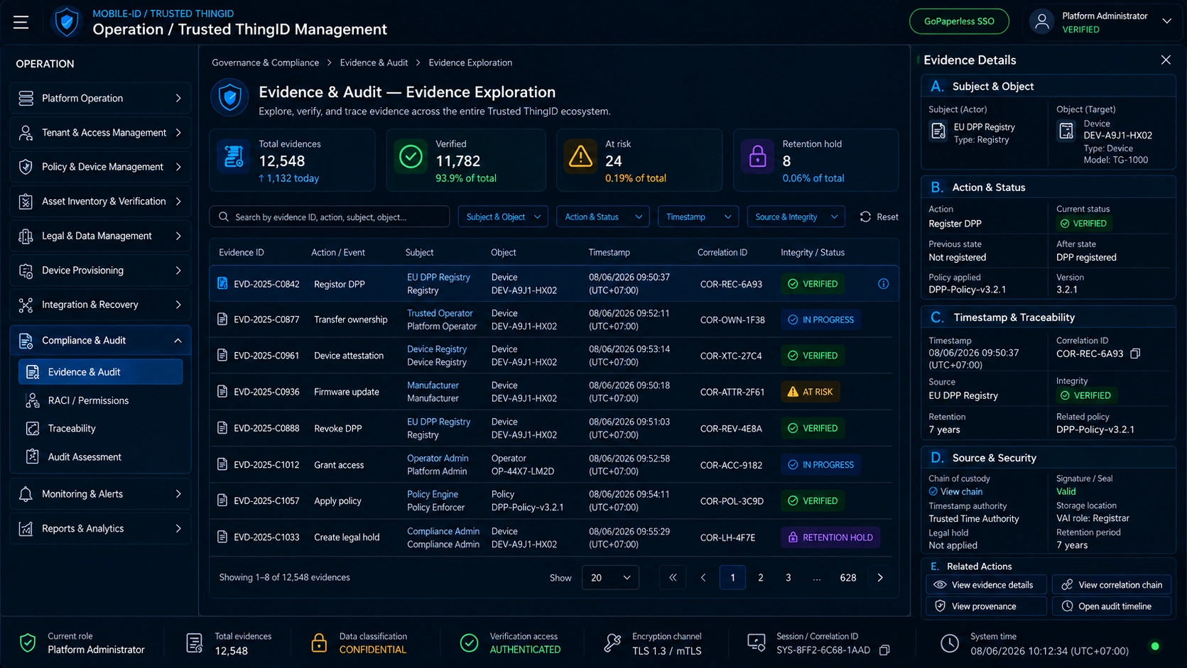 Trusted ThingID Operations Admin Portal: Evidence and Audit Evidence Explorer