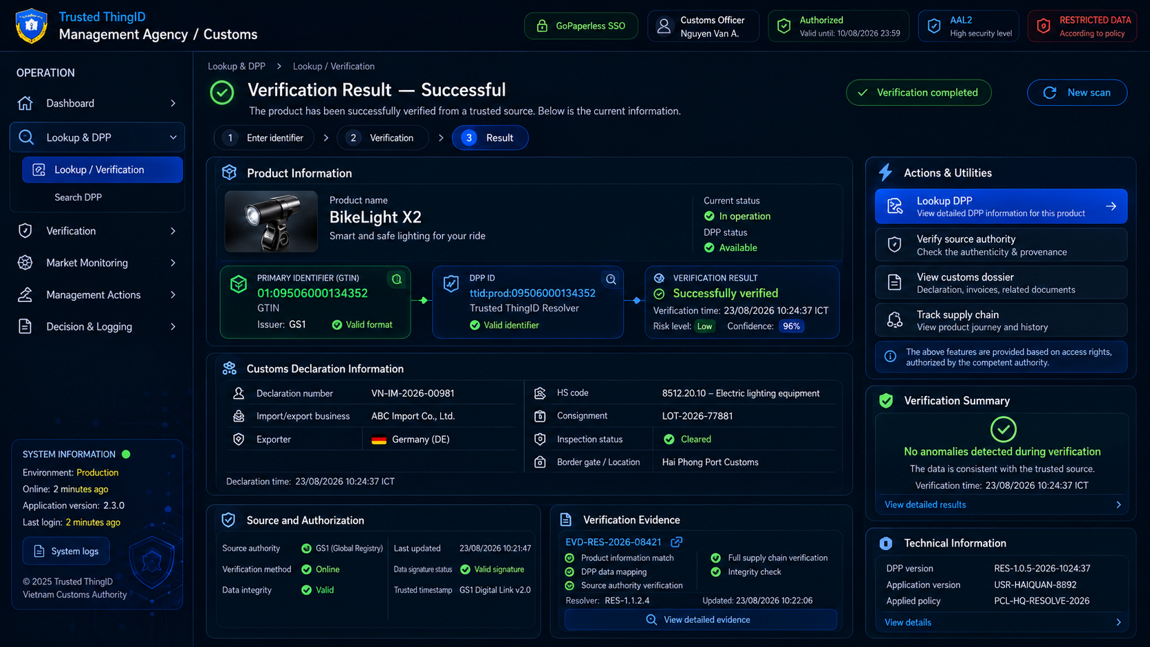 Trusted ThingID Regulator / Customs Portal: Search and Resolve Resolve Success
