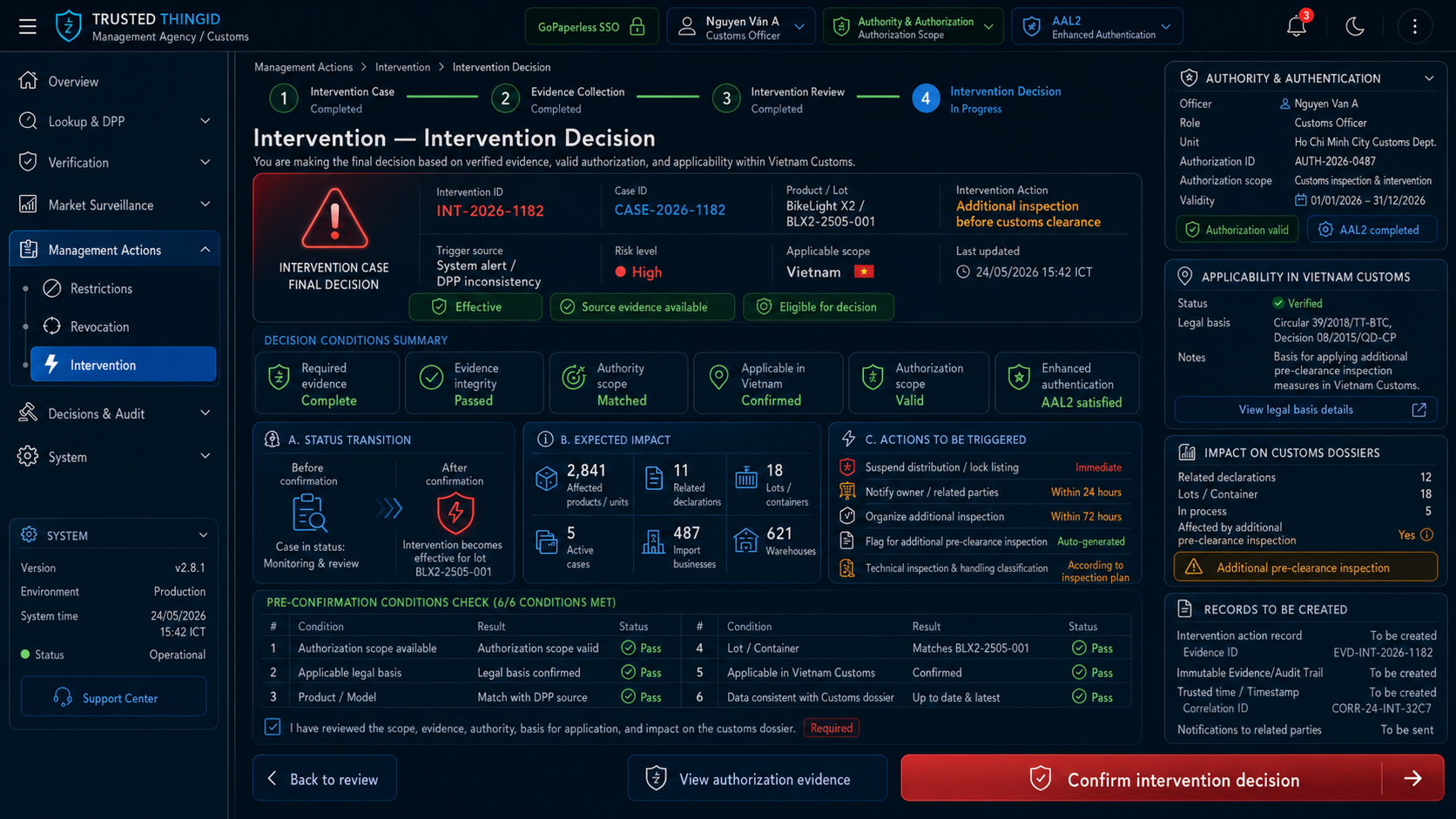 Trusted ThingID Regulator / Customs Portal: Regulatory Intervention Intervention Decision